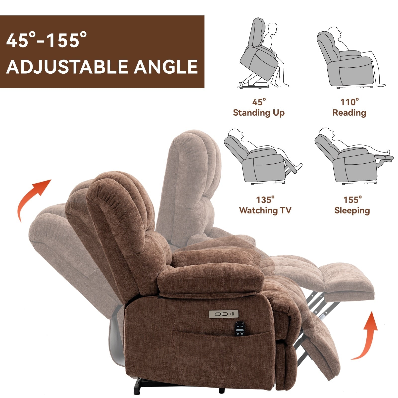 Fauteuil inclinable électrique à deux moteurs de grande taille avec massage en 8 points, chauffage lombaire, ports USB et poches latérales