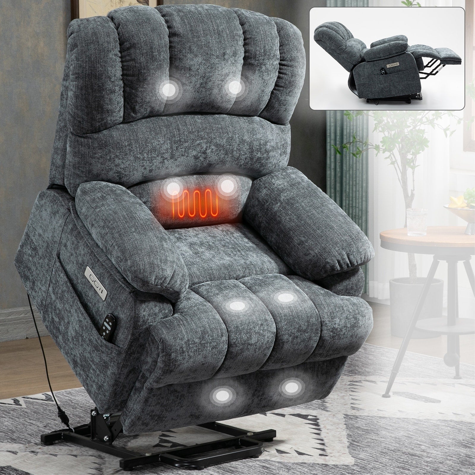 Fauteuil inclinable électrique à deux moteurs de grande taille avec massage en 8 points, chauffage lombaire, ports USB et poches latérales
