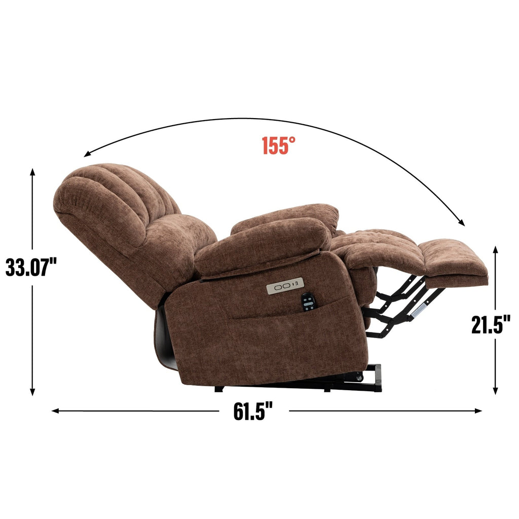 Fauteuil inclinable électrique à deux moteurs de grande taille avec massage en 8 points, chauffage lombaire, ports USB et poches latérales
