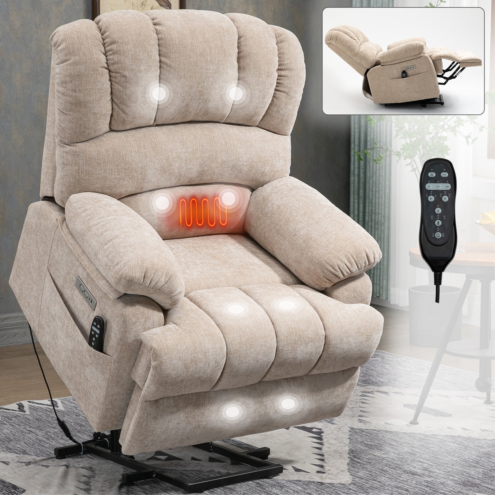 Fauteuil inclinable électrique à deux moteurs de grande taille avec massage en 8 points, chauffage lombaire, ports USB et poches latérales