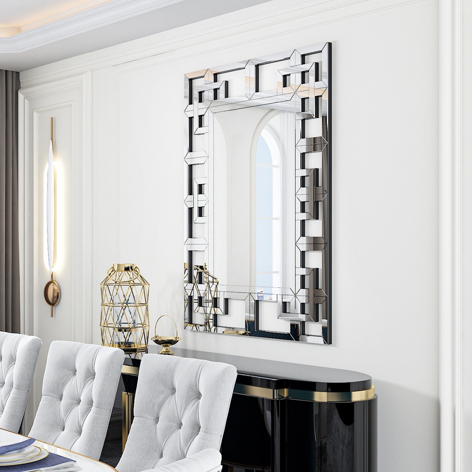 Grand miroir mural décoratif avec cadre géométrique argenté