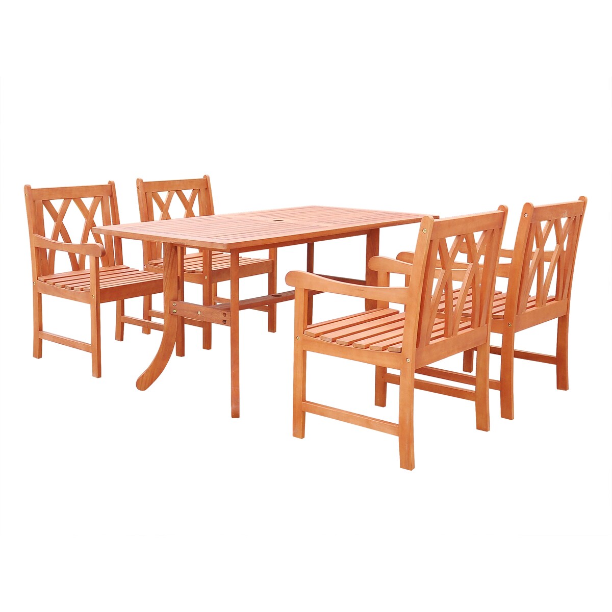 Ensemble de salle à manger de patio Lazarus 5 pièces en bois tropical brun rougeâtre avec table et fauteuils