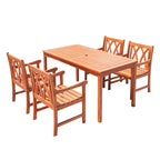 Ensemble de salle à manger de patio Lazarus 5 pièces en bois tropical brun rougeâtre avec table et fauteuils