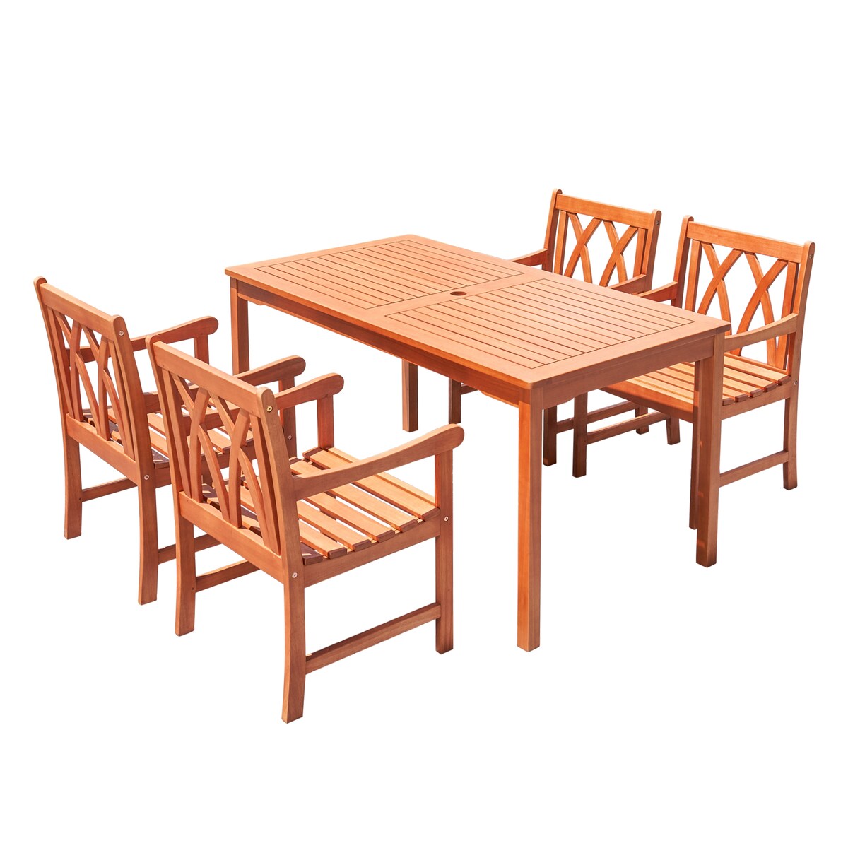 Ensemble de salle à manger de patio Lazarus 5 pièces en bois tropical brun rougeâtre avec table et fauteuils