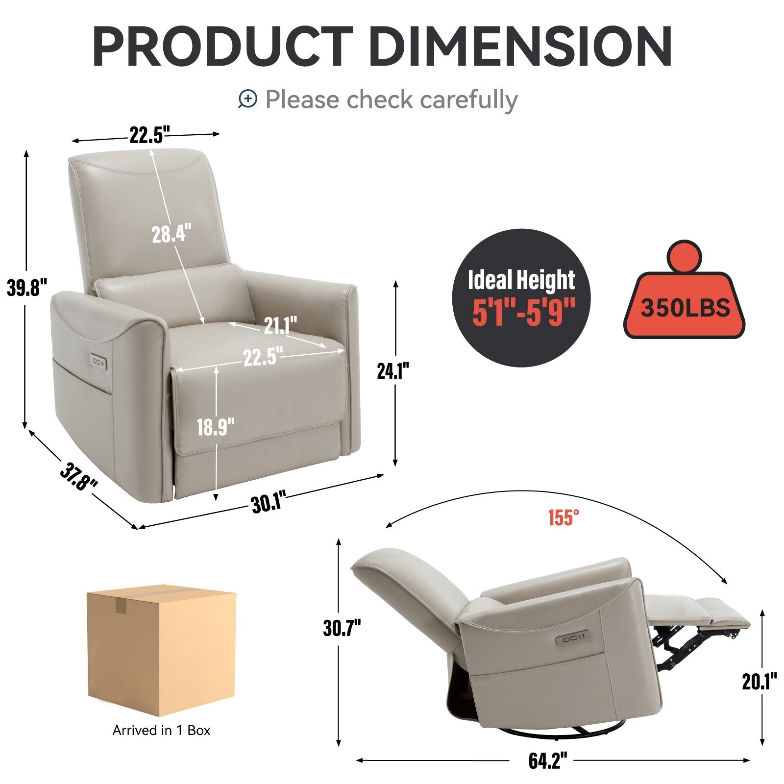 Fauteuil inclinable pivotant et à bascule Lazy Boy, canapé simple de salon avec ports USB et Type-C, mécanisme de mouvement robuste