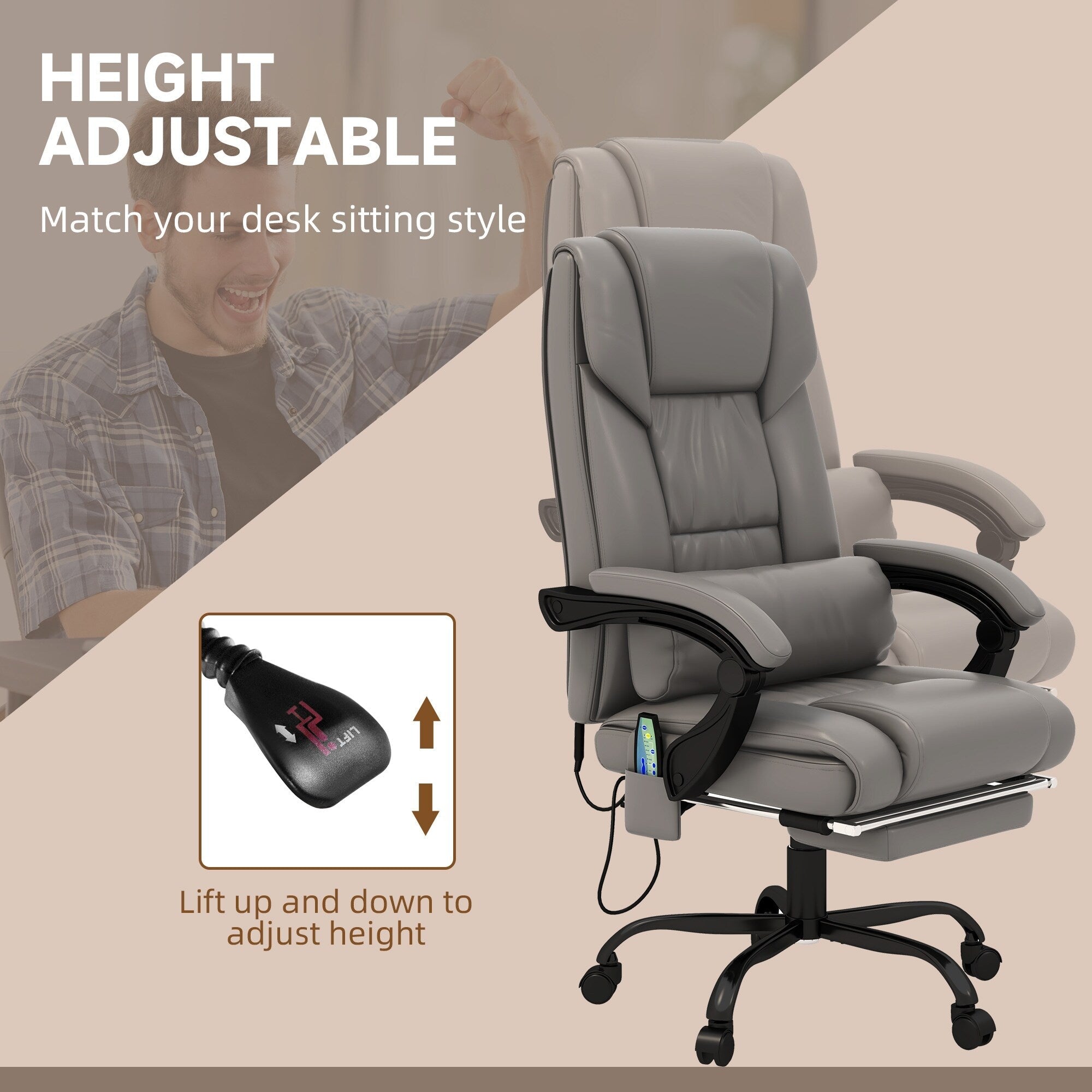 Chaise de bureau en cuir avec massage par vibrations à 6 points, télécommande, dossier inclinable, repose-pieds et hauteur réglable