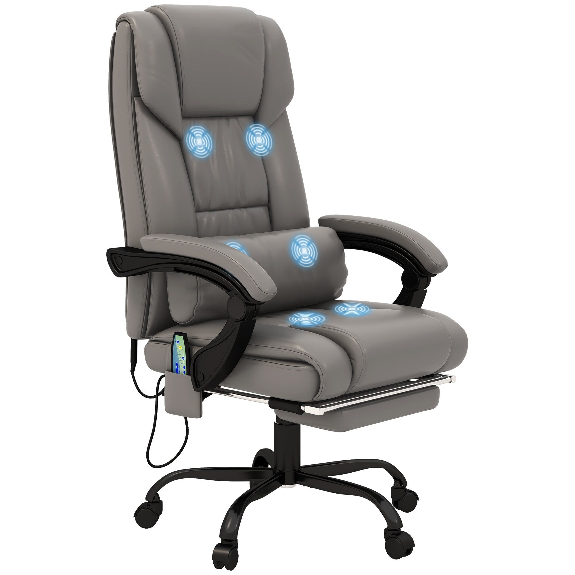 Chaise de bureau en cuir avec massage par vibrations à 6 points, télécommande, dossier inclinable, repose-pieds et hauteur réglable