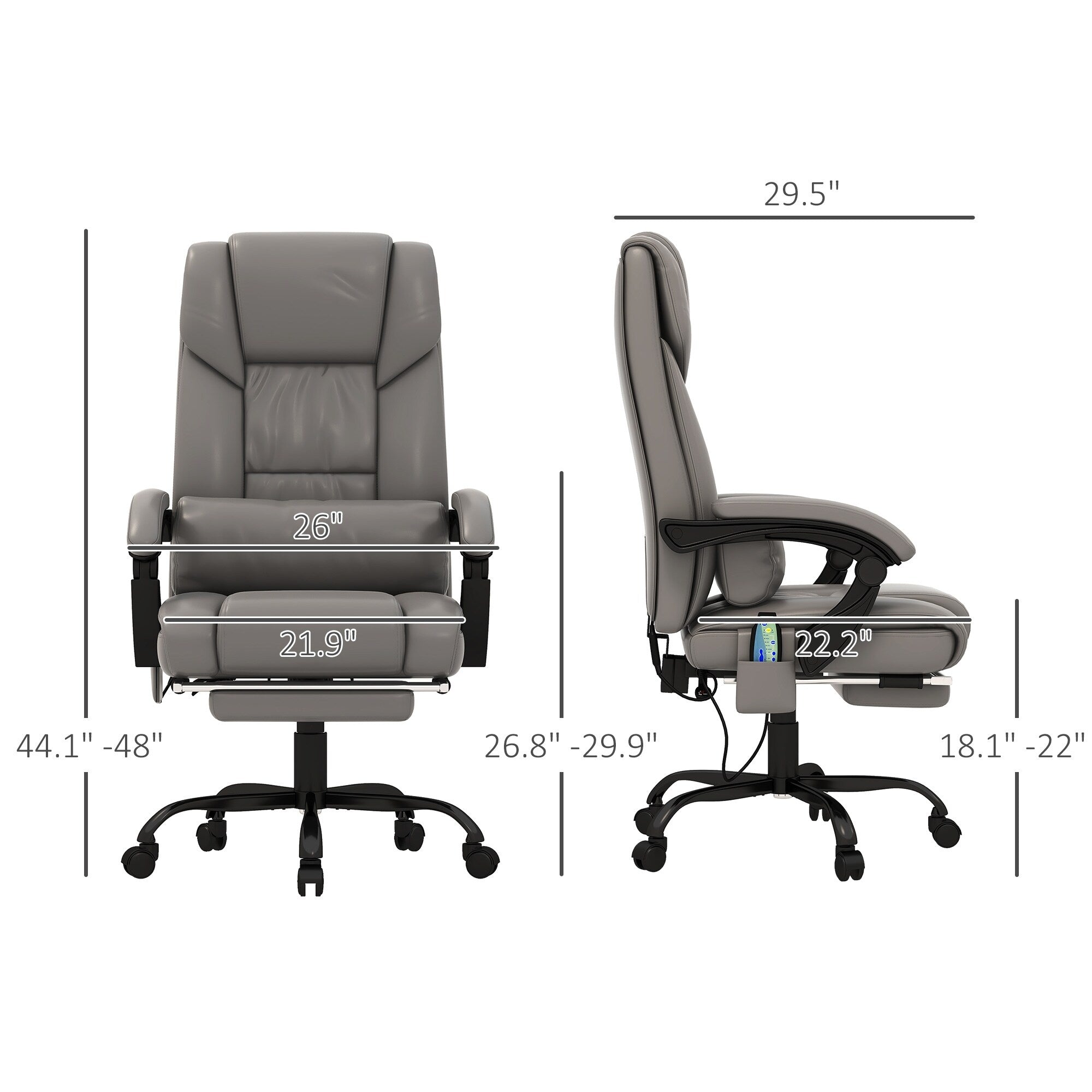 Chaise de bureau en cuir avec massage par vibrations à 6 points, télécommande, dossier inclinable, repose-pieds et hauteur réglable