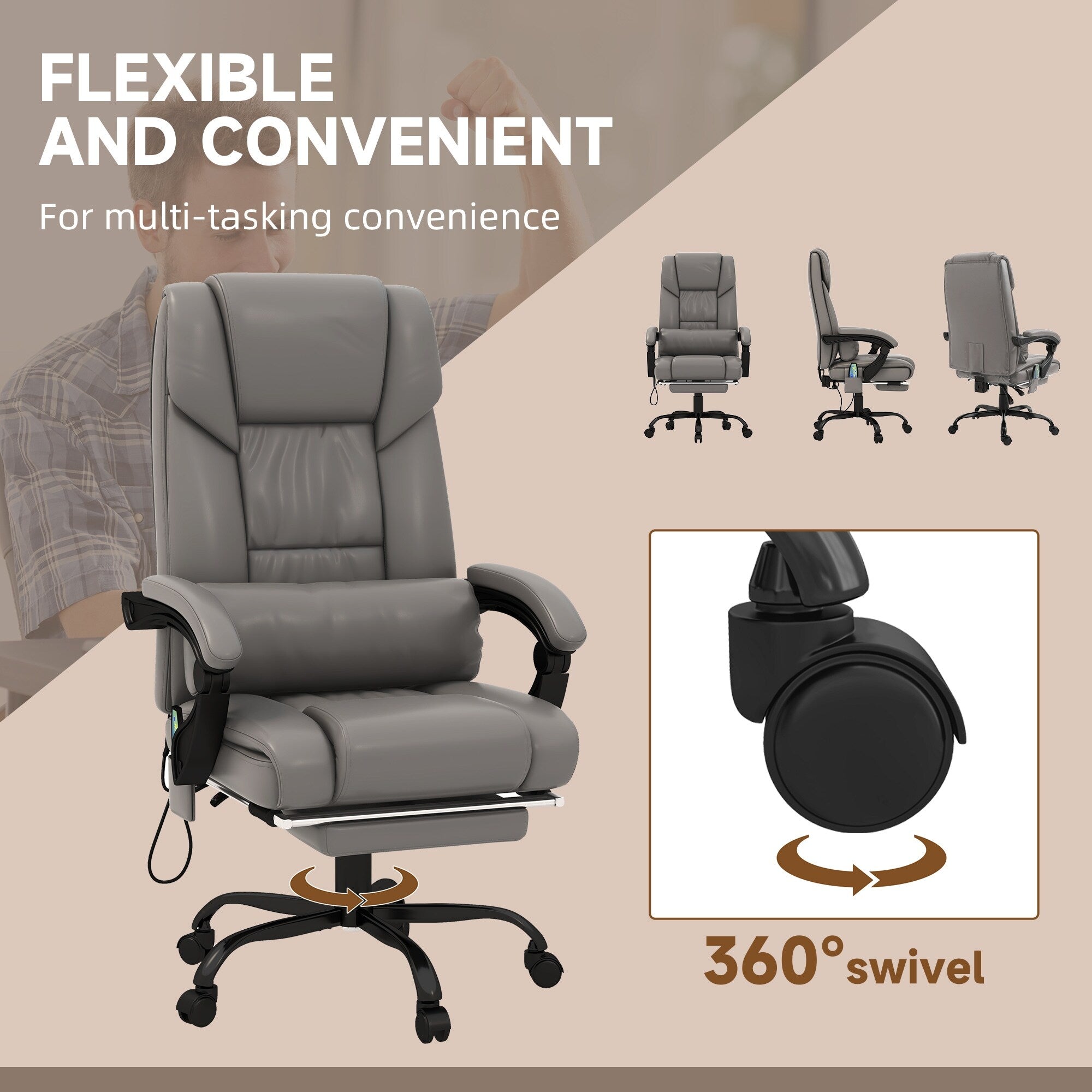 Chaise de bureau en cuir avec massage par vibrations à 6 points, télécommande, dossier inclinable, repose-pieds et hauteur réglable