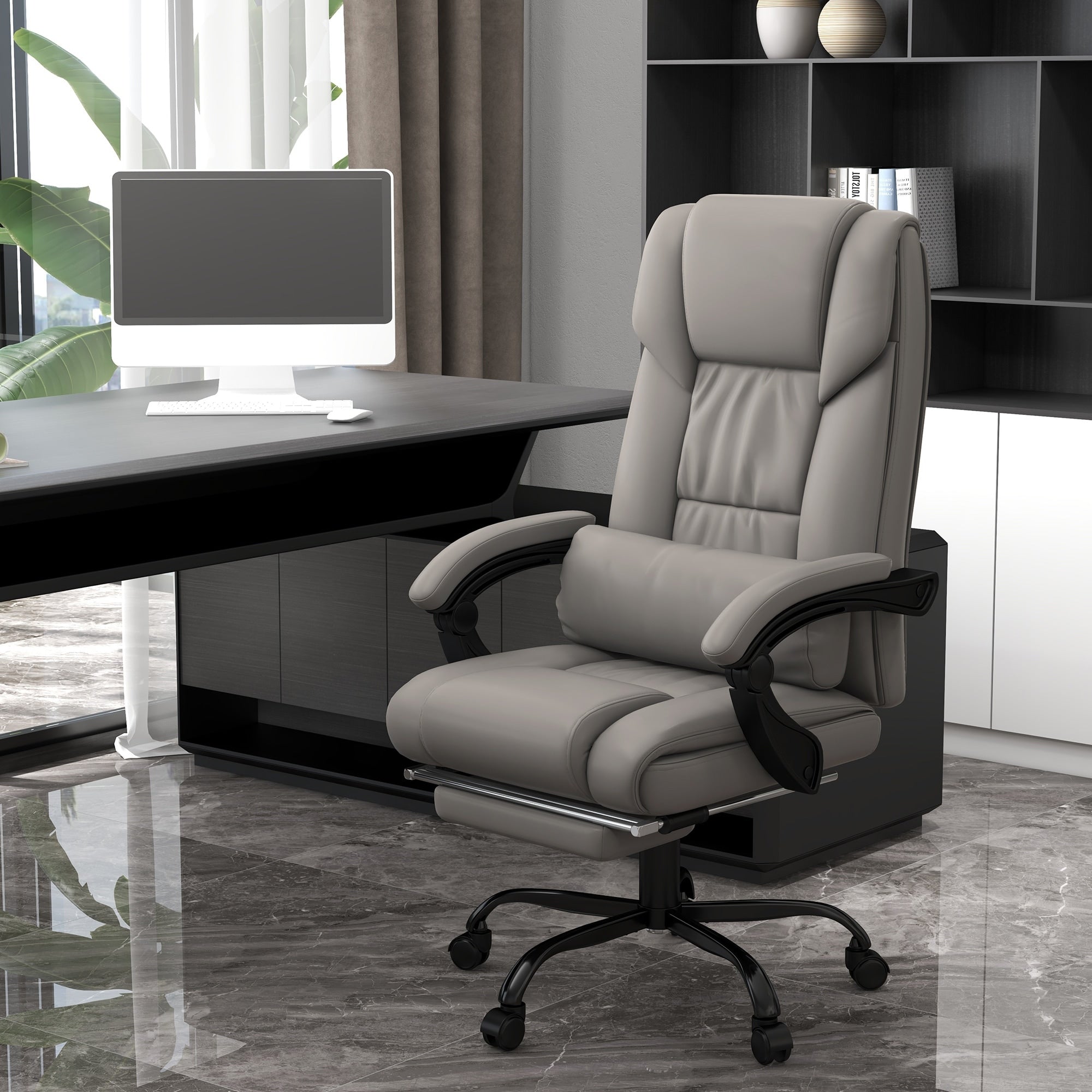 Chaise de bureau en cuir avec massage par vibrations à 6 points, télécommande, dossier inclinable, repose-pieds et hauteur réglable