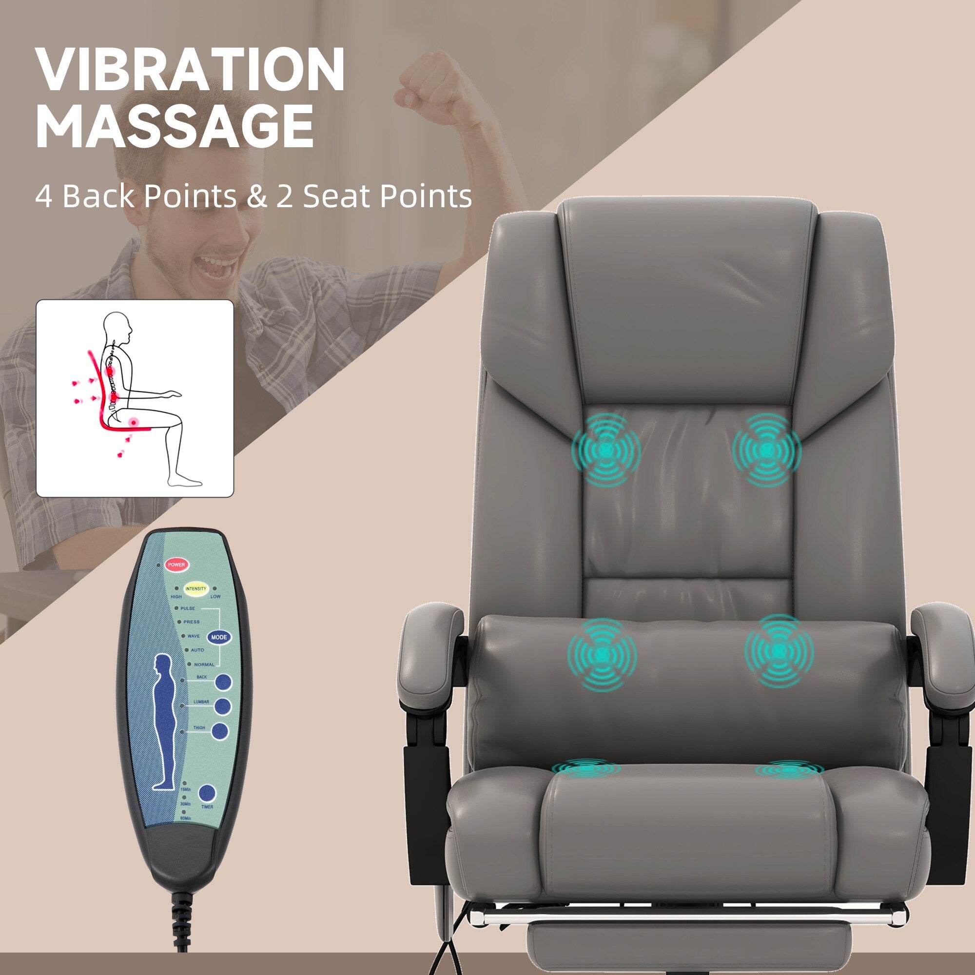 Chaise de bureau en cuir avec massage par vibrations à 6 points, télécommande, dossier inclinable, repose-pieds et hauteur réglable