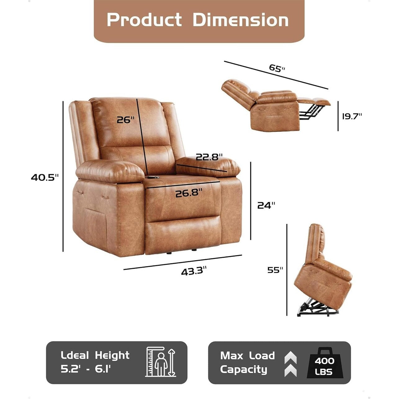 Fauteuil inclinable électrique en cuir avec chauffage et massage