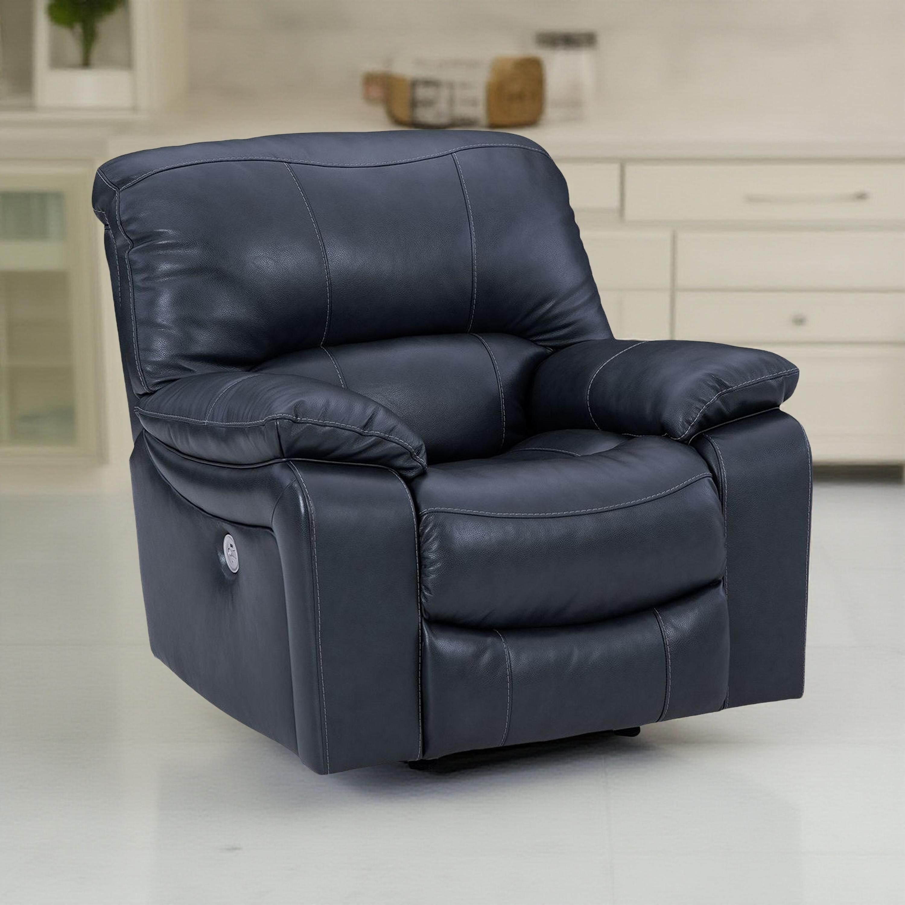 Fauteuil inclinable à bascule électrique Leesa, cuir bleu océan souple, port USB