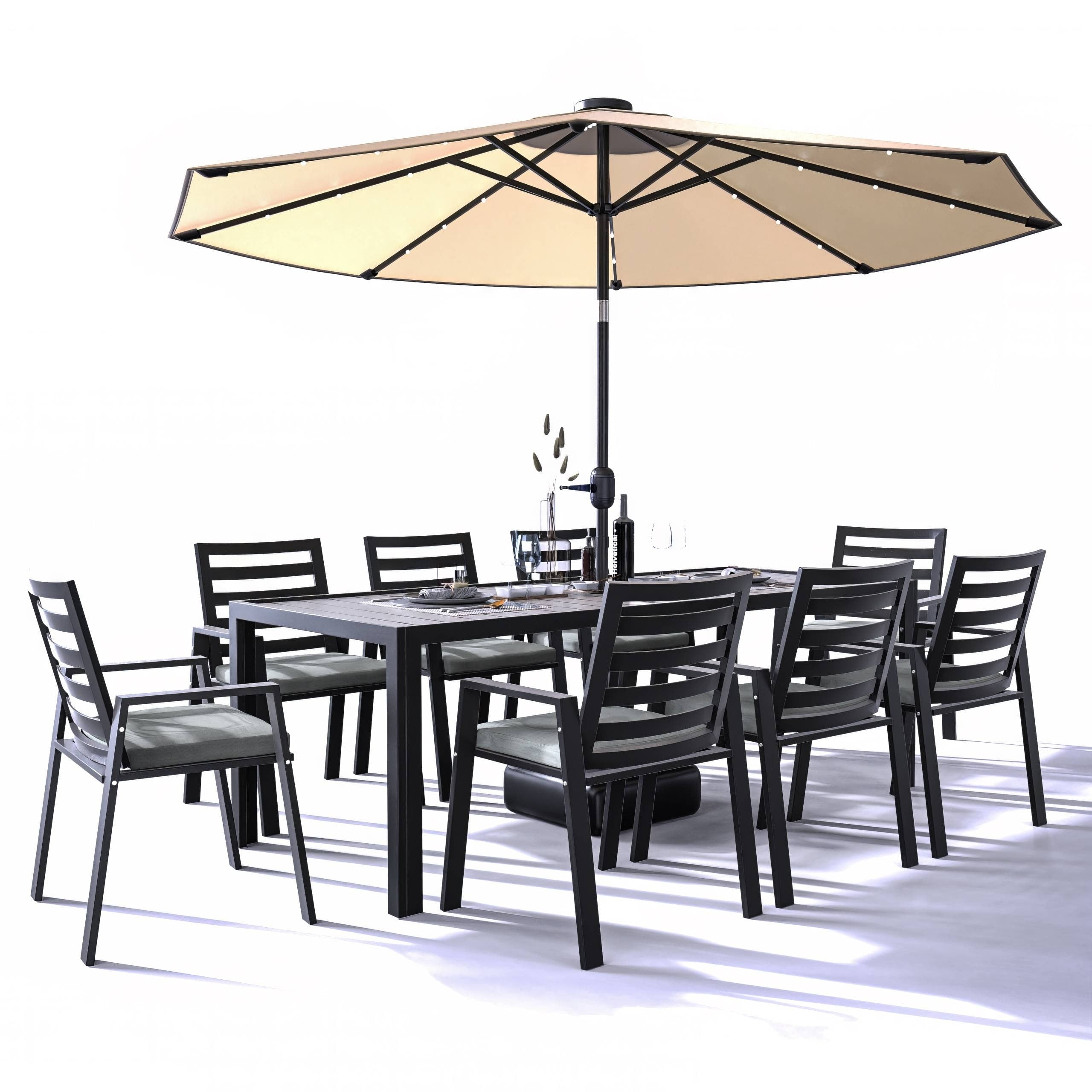 Ensemble de salle à manger d'extérieur 9 pièces en aluminium noir, série Chelsea par LeisureMod