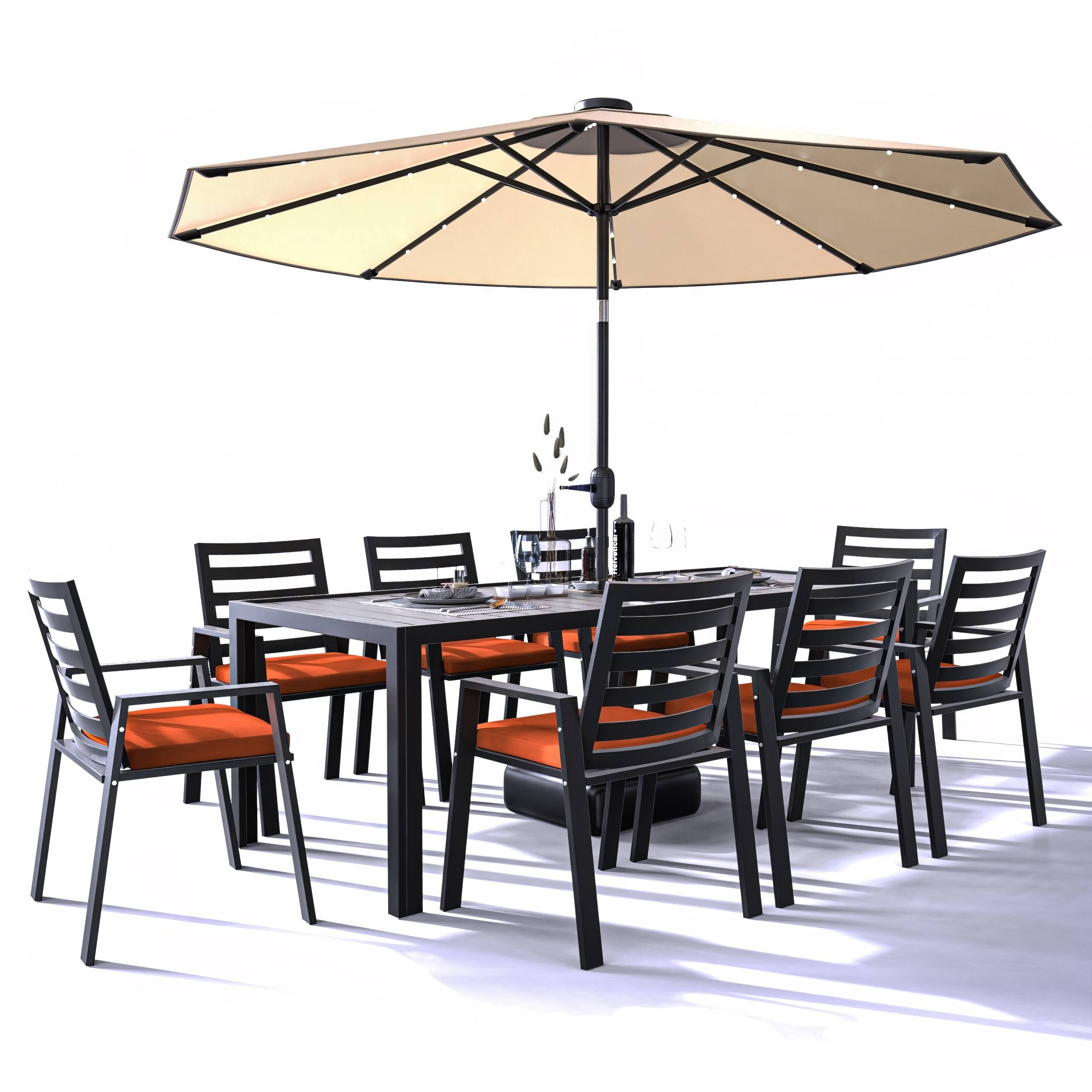 Ensemble de salle à manger d'extérieur 9 pièces en aluminium noir, série Chelsea par LeisureMod