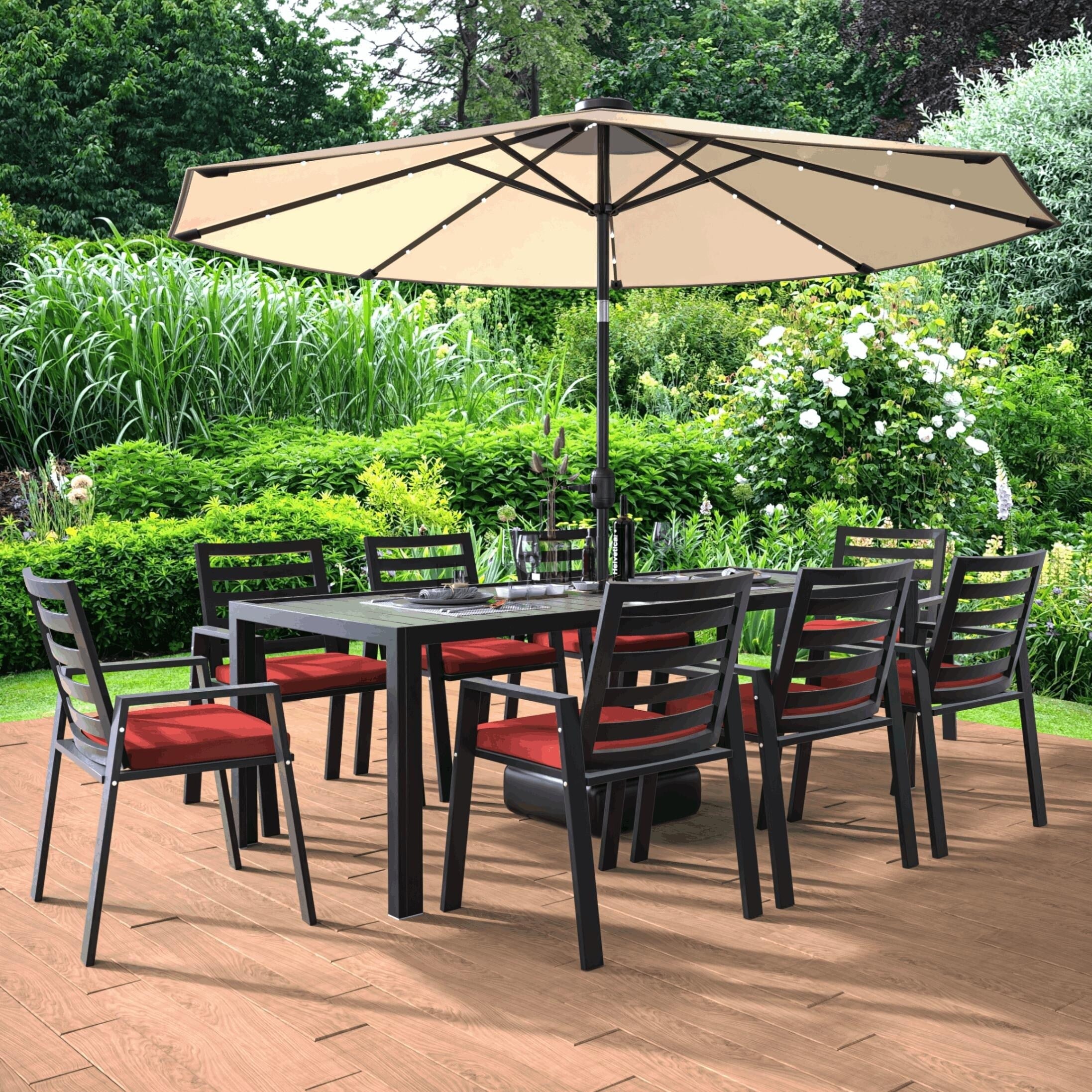 Ensemble de salle à manger d'extérieur 9 pièces en aluminium noir, série Chelsea par LeisureMod