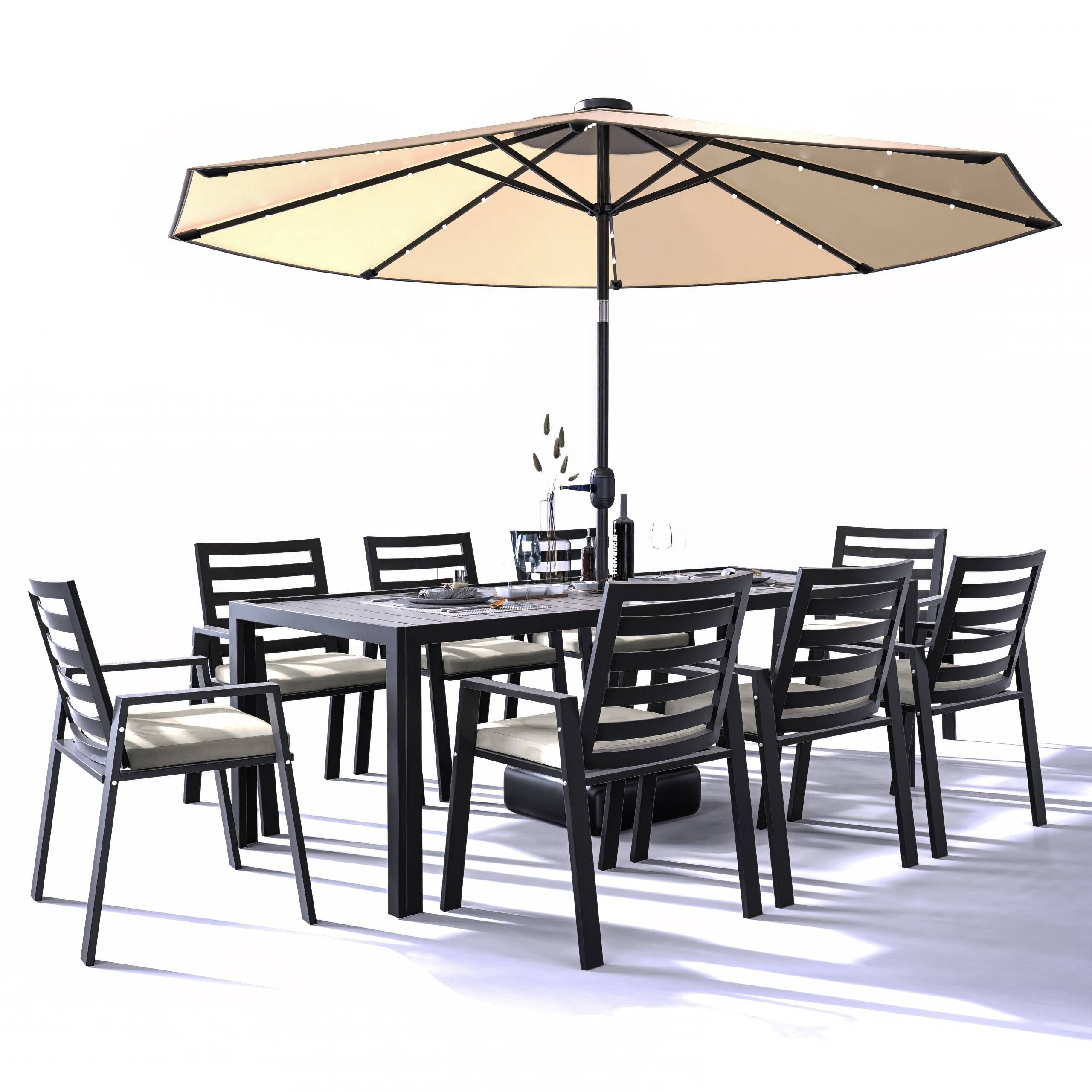 Ensemble de salle à manger d'extérieur 9 pièces en aluminium noir, série Chelsea par LeisureMod