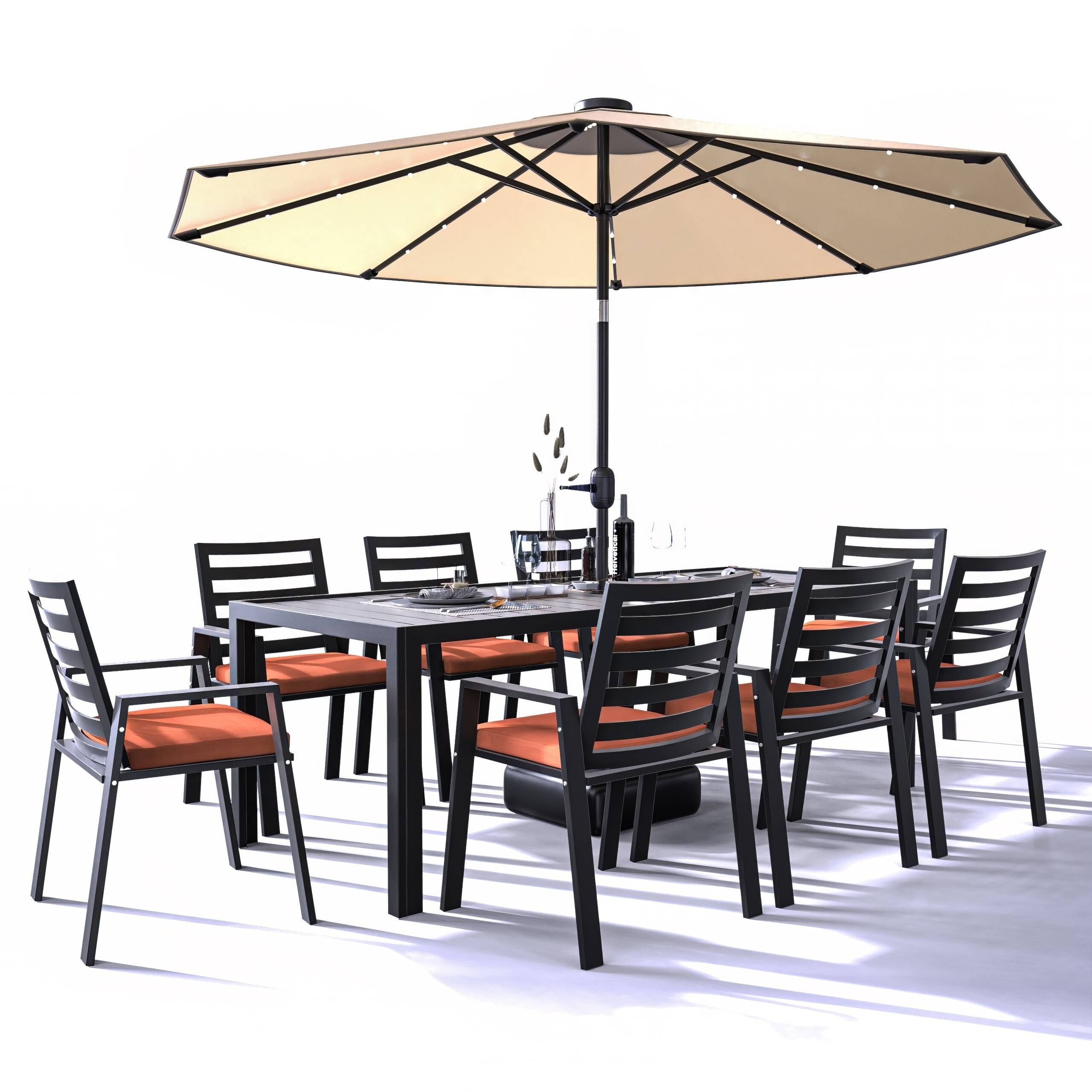 Ensemble de salle à manger d'extérieur 9 pièces en aluminium noir, série Chelsea par LeisureMod