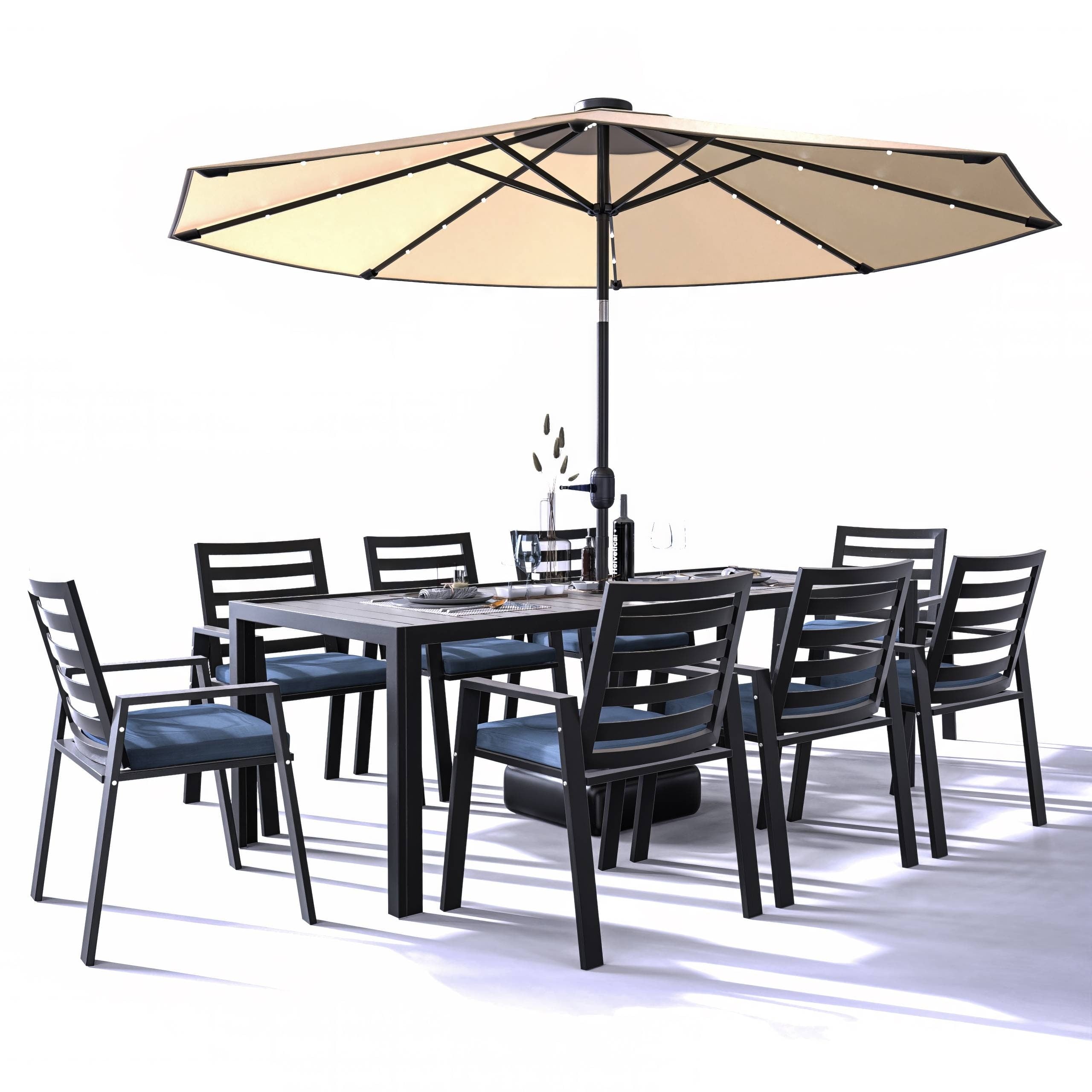 Ensemble de salle à manger d'extérieur 9 pièces en aluminium noir, série Chelsea par LeisureMod