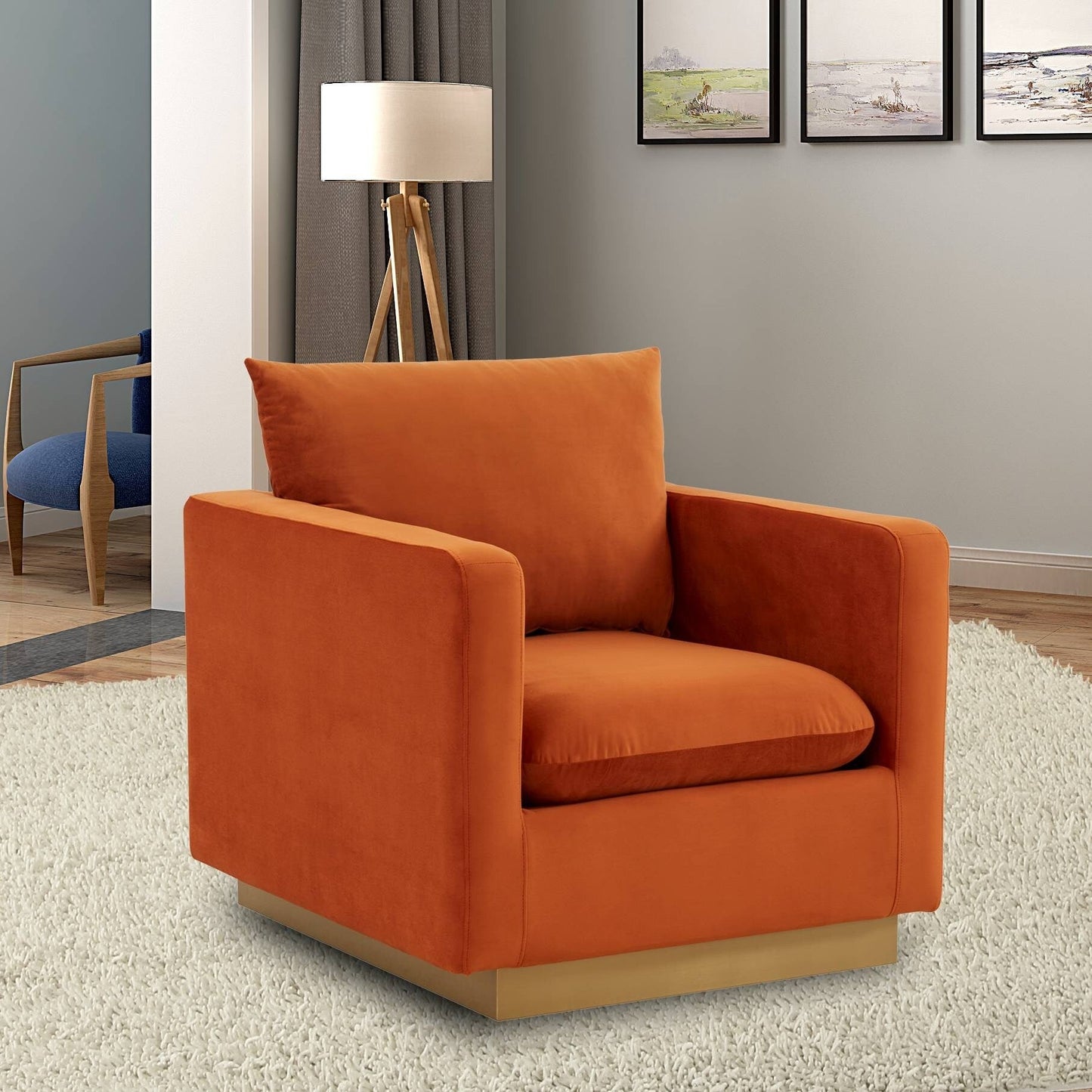Canapé 1 place moderne en velours Nervo, fauteuil d'appoint avec base carrée en acier inoxydable doré pour salon et chambre - 32,67
