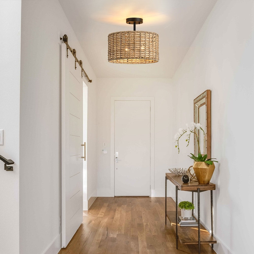 Plafonnier semi-encastré Lennie de 13,6 po à 2 lumières en rotin naturel – 13,6 po de largeur