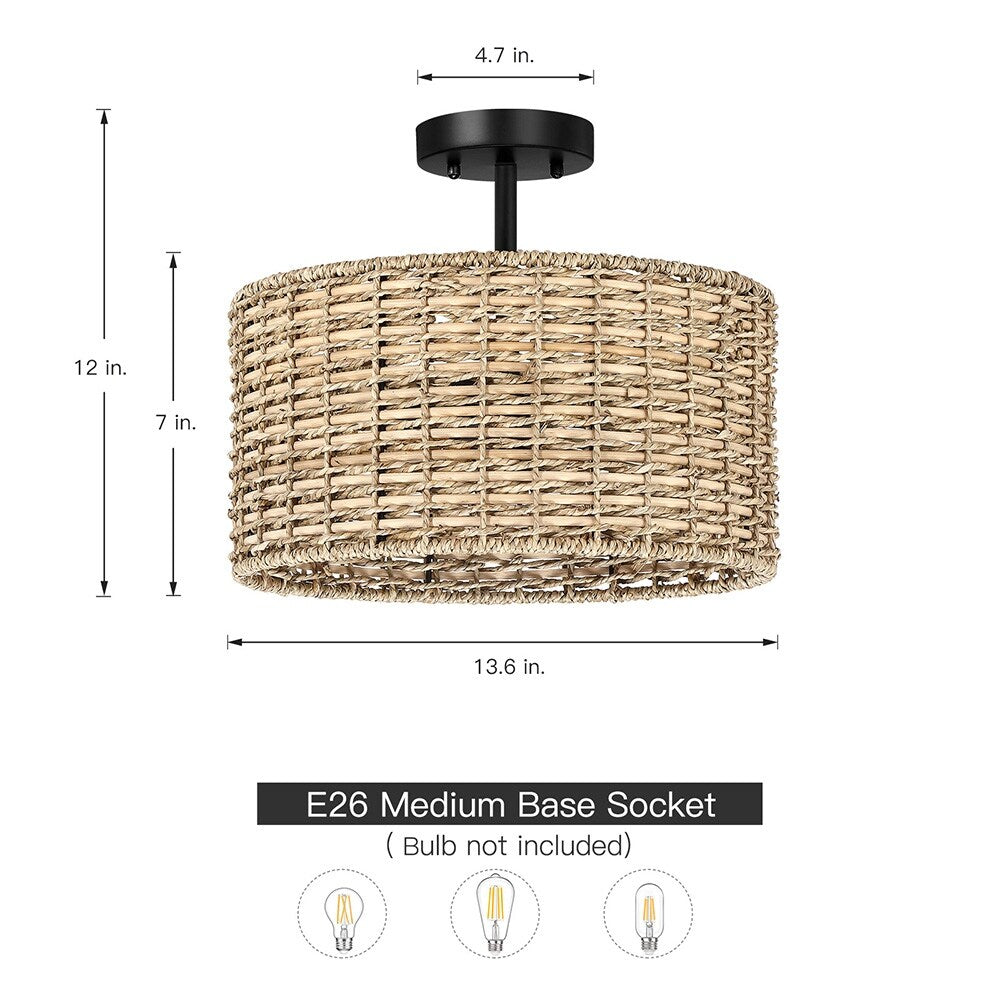 Plafonnier semi-encastré Lennie de 13,6 po à 2 lumières en rotin naturel – 13,6 po de largeur