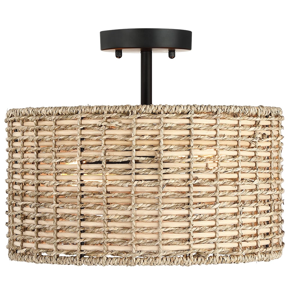 Plafonnier semi-encastré Lennie de 13,6 po à 2 lumières en rotin naturel – 13,6 po de largeur