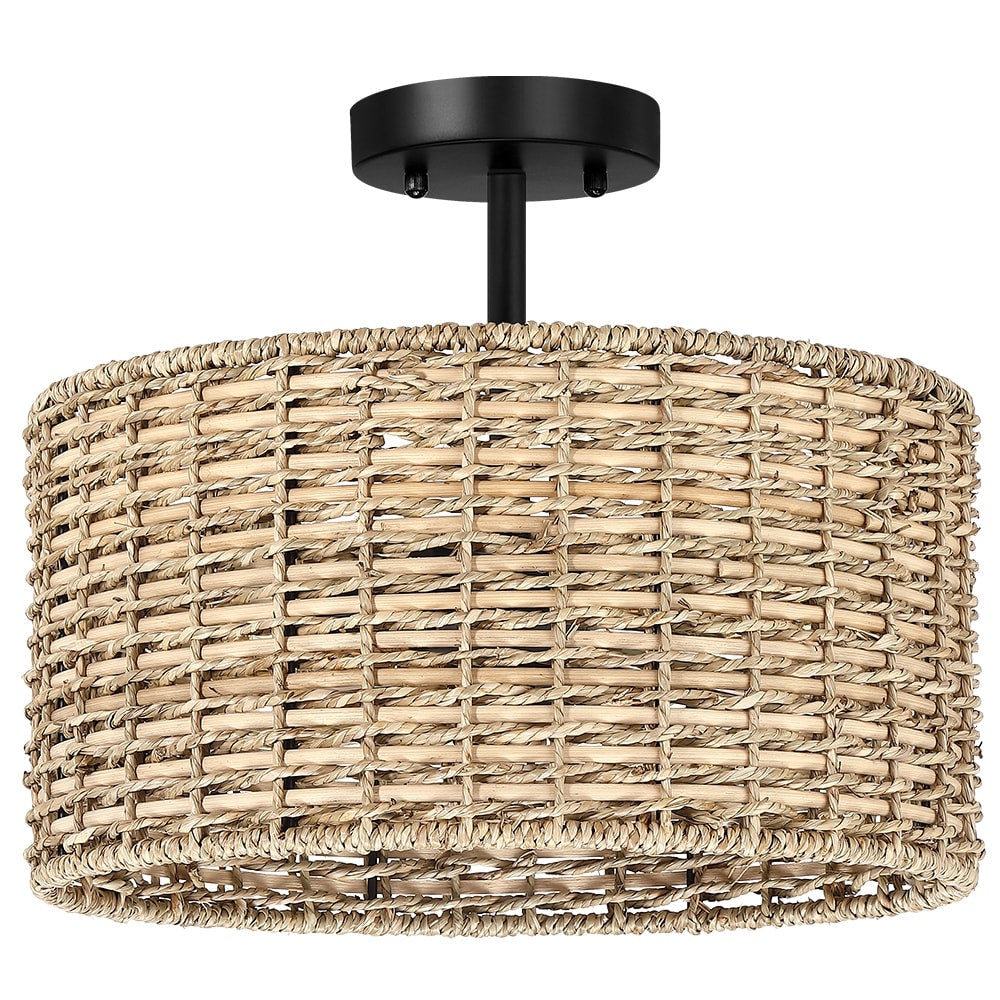 Plafonnier semi-encastré Lennie de 13,6 po à 2 lumières en rotin naturel – 13,6 po de largeur