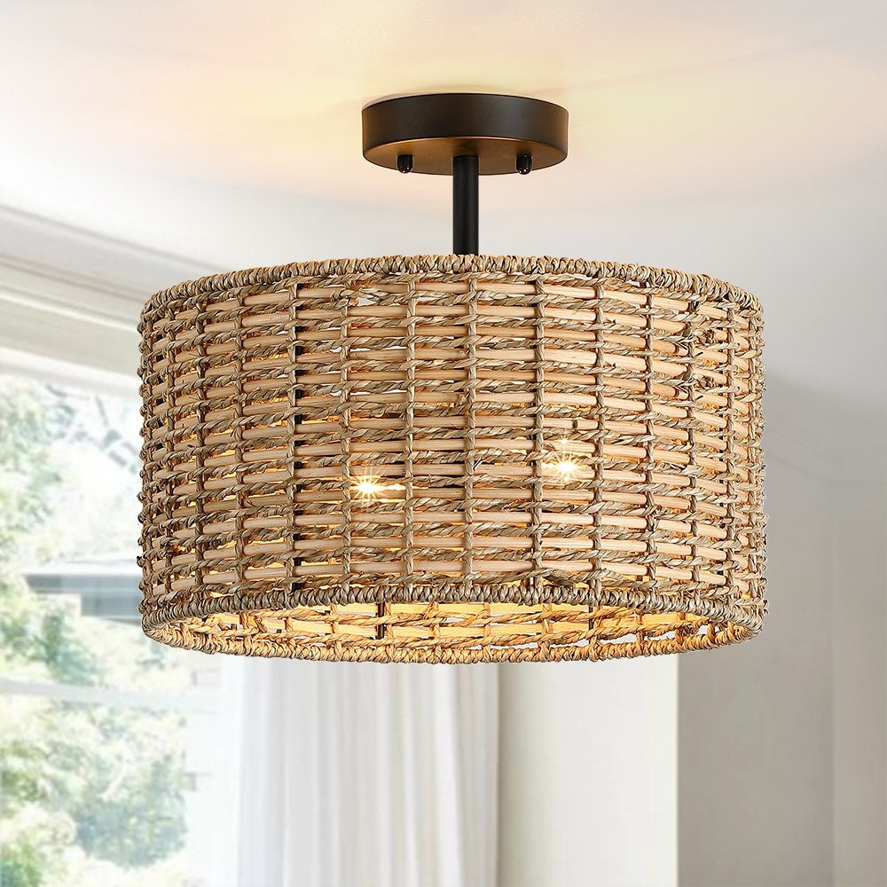Plafonnier semi-encastré Lennie de 13,6 po à 2 lumières en rotin naturel – 13,6 po de largeur