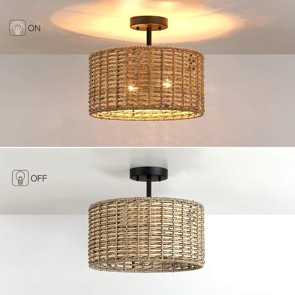 Plafonnier semi-encastré Lennie de 13,6 po à 2 lumières en rotin naturel – 13,6 po de largeur