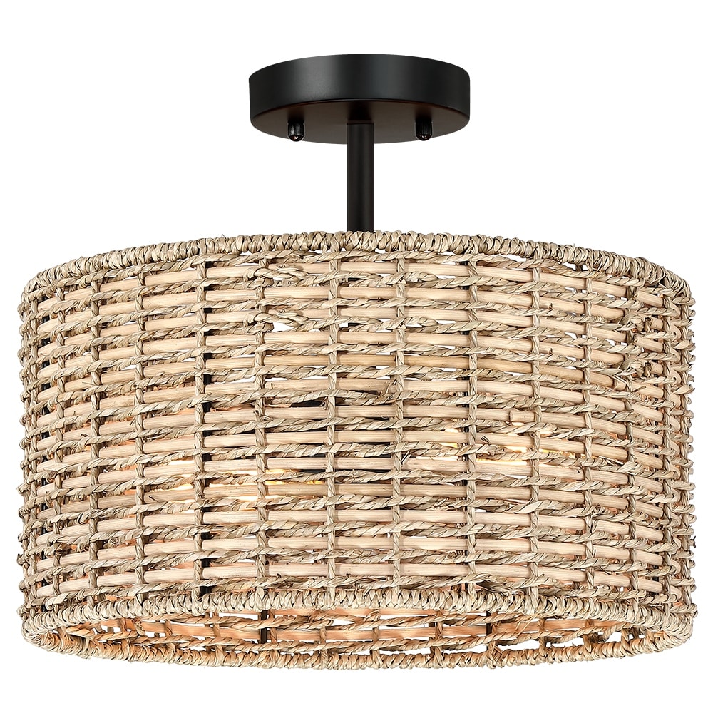 Plafonnier semi-encastré Lennie de 13,6 po à 2 lumières en rotin naturel – 13,6 po de largeur