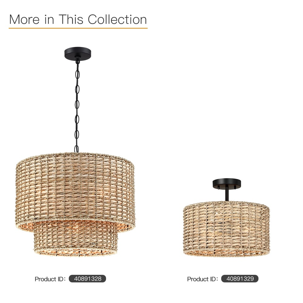 Lustre tambour à 4 lumières en rotin Lennie de 20 po avec auvent noir - 20 po de largeur - 20 po de largeur