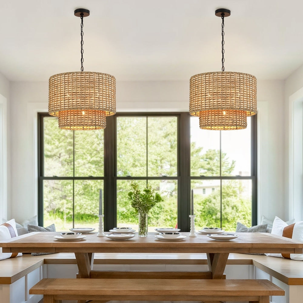 Lustre tambour à 4 lumières en rotin Lennie de 20 po avec auvent noir - 20 po de largeur - 20 po de largeur
