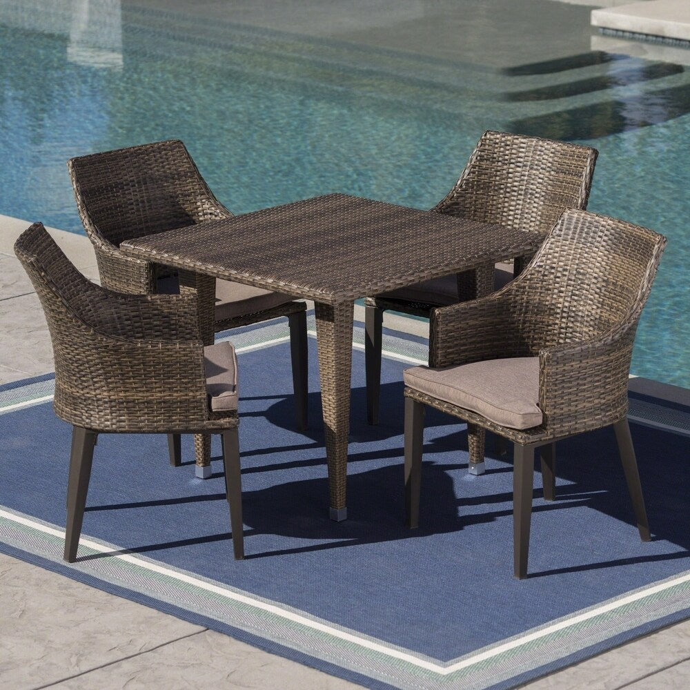 Ensemble de salle à manger d'extérieur carré en osier Lenox 5 pièces avec coussins par Christopher Knight Home