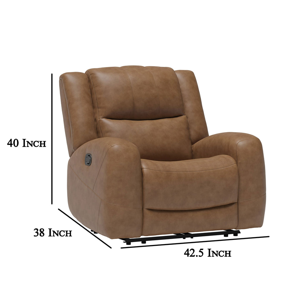 Fauteuil inclinable manuel Leos, accoudoirs profilés, structure en bois, cuir marron