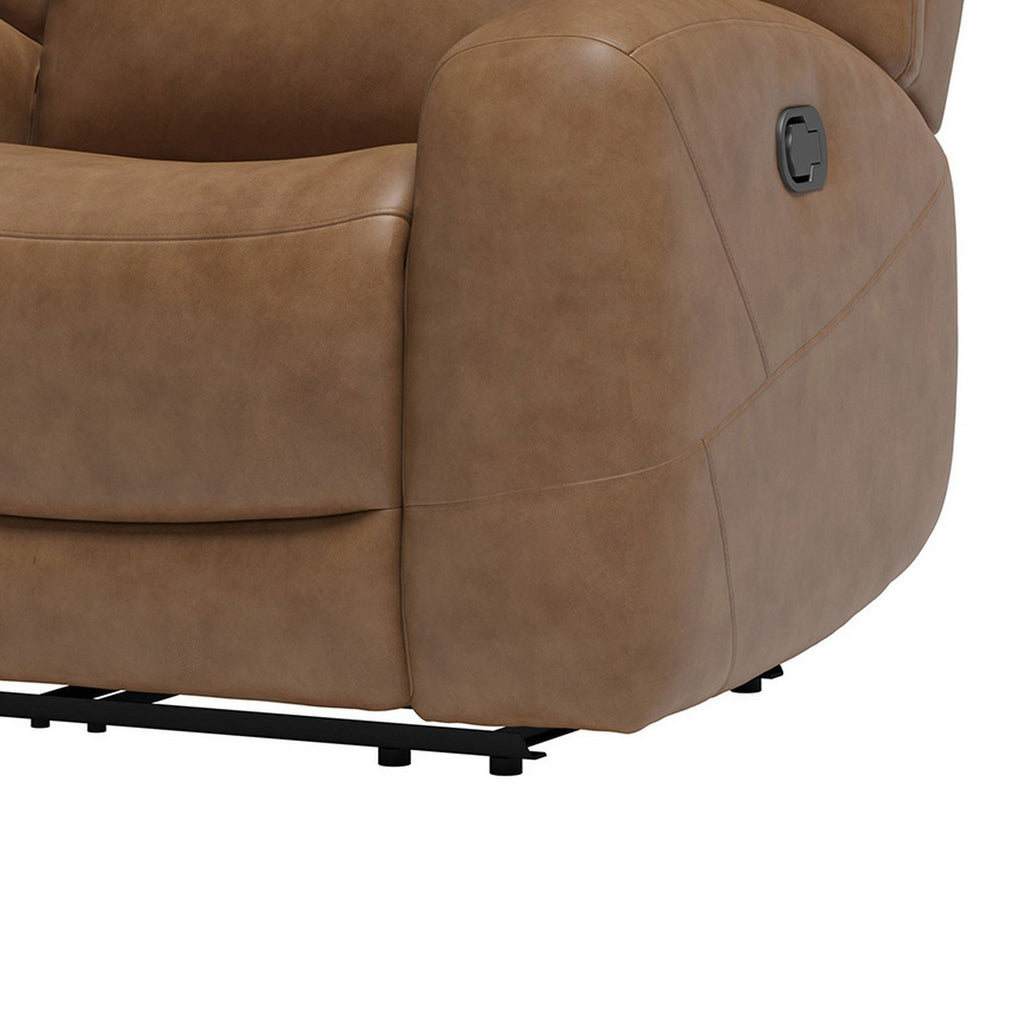 Fauteuil inclinable manuel Leos, accoudoirs profilés, structure en bois, cuir marron