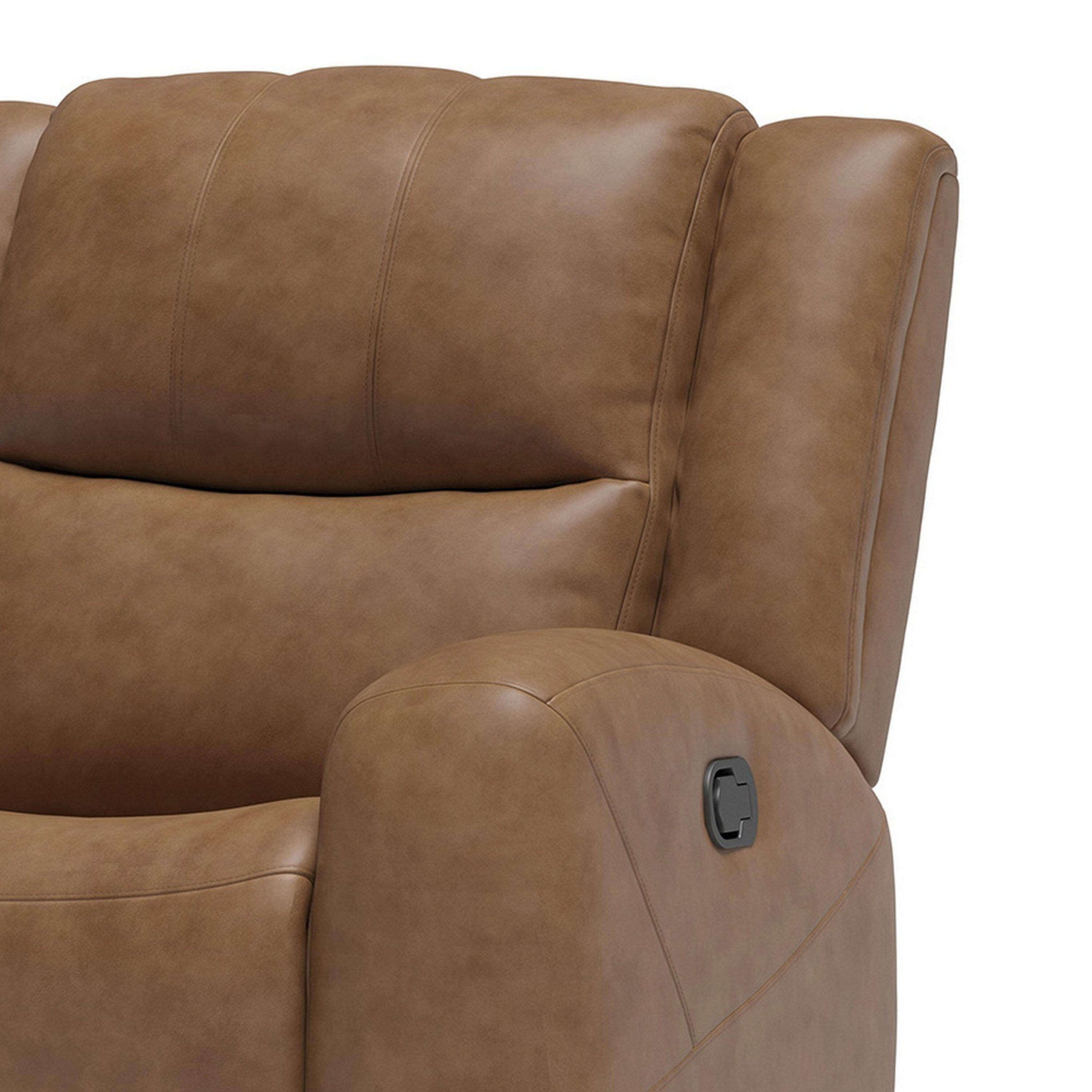 Fauteuil inclinable manuel Leos, accoudoirs profilés, structure en bois, cuir marron