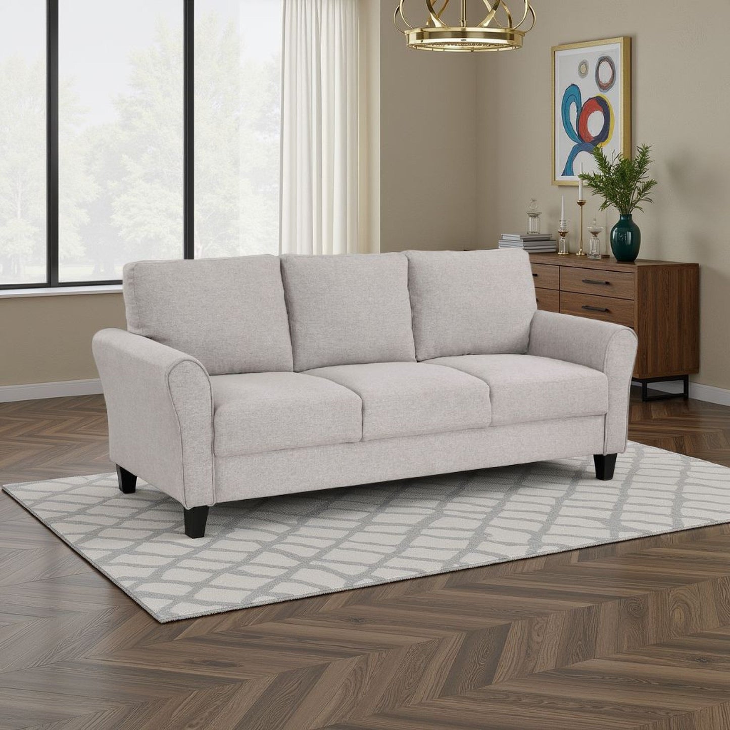 Canapé Leroi, 81 pouces, tissu gris et accoudoirs ronds évasés