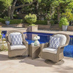 Ensemble de 3 chaises pivotantes d'extérieur Liam en osier avec coussin par Christopher Knight Home