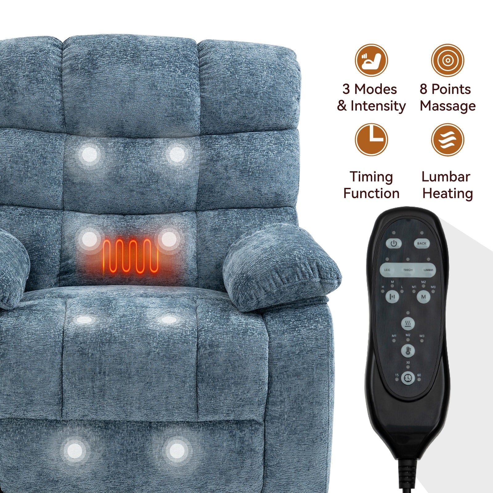 Fauteuil inclinable releveur à massage thermique, double moteur, position infinie, jusqu'à 350 lb, grands fauteuils inclinables électriques releveurs