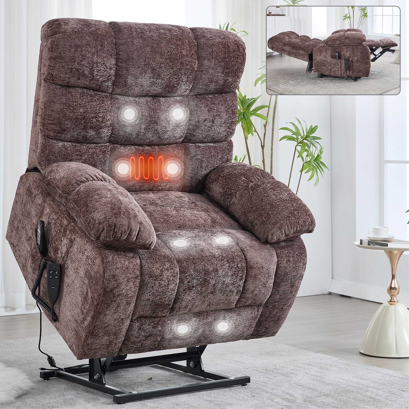Fauteuil inclinable releveur à massage thermique, double moteur, position infinie, jusqu'à 350 lb, grands fauteuils inclinables électriques releveurs