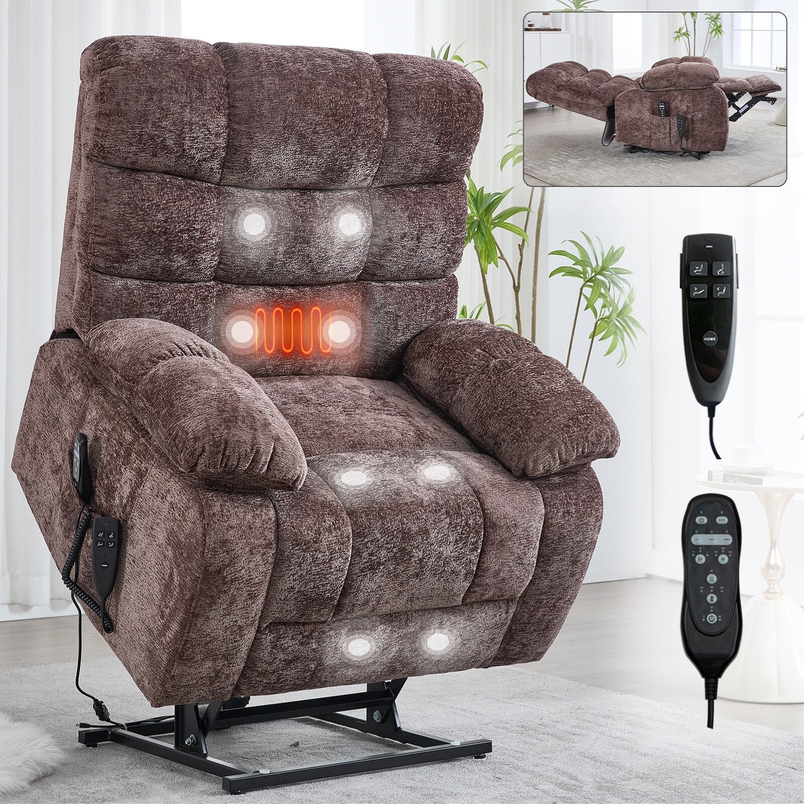 Fauteuil inclinable releveur à massage thermique, double moteur, position infinie, jusqu'à 350 lb, grands fauteuils inclinables électriques releveurs