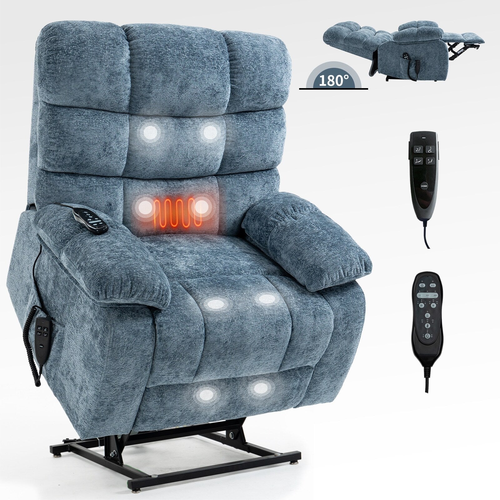 Fauteuil inclinable releveur à massage thermique, double moteur, position infinie, jusqu'à 350 lb, grands fauteuils inclinables électriques releveurs