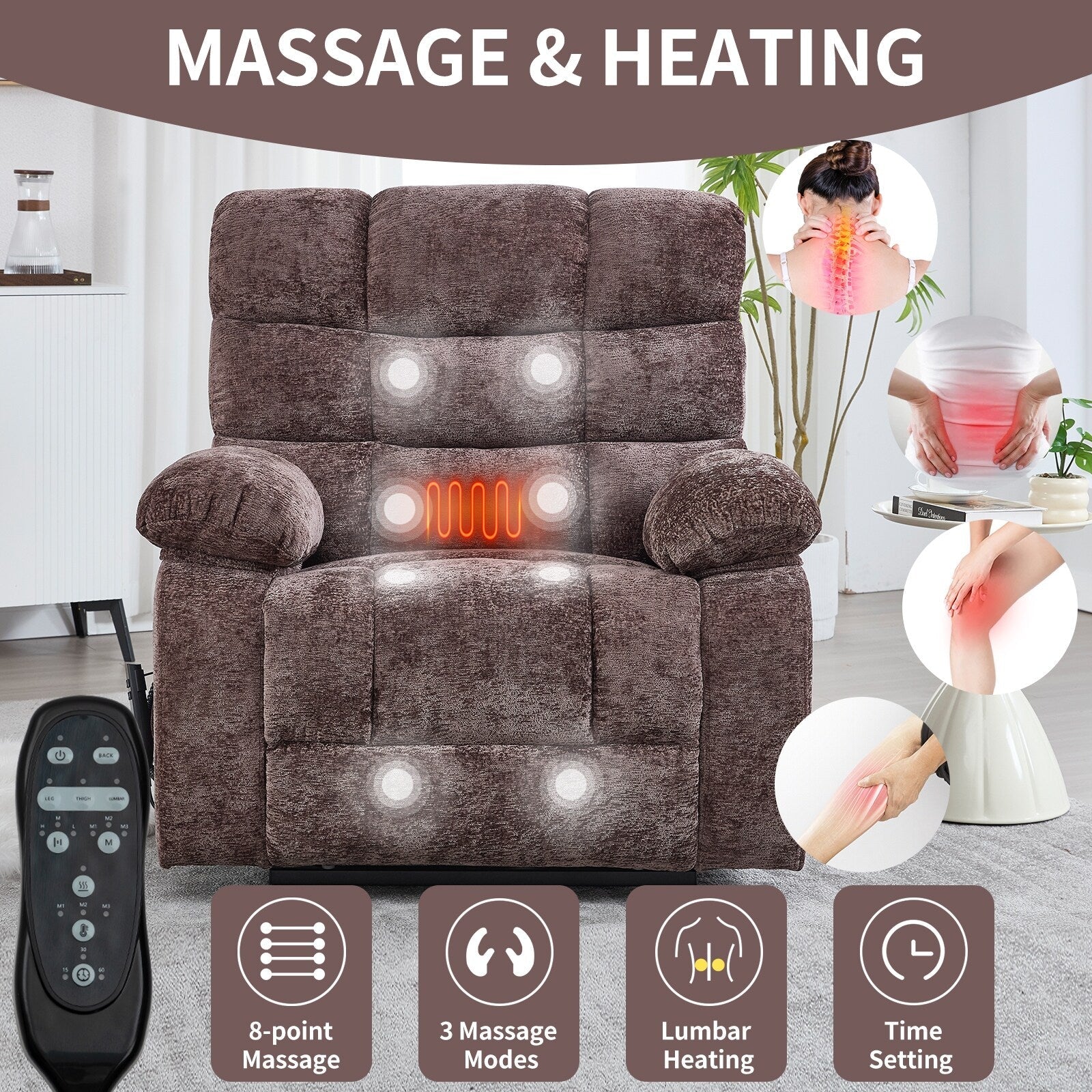 Fauteuil inclinable releveur à massage thermique, double moteur, position infinie, jusqu'à 350 lb, grands fauteuils inclinables électriques releveurs