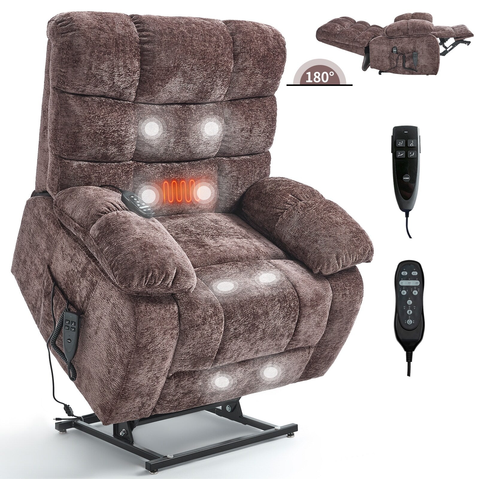 Fauteuil inclinable releveur à massage thermique, double moteur, position infinie, jusqu'à 350 lb, grands fauteuils inclinables électriques releveurs