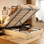 Cadre de lit relevable avec rangement, cadre de lit plateforme rembourré avec système de rangement hydraulique et tête de lit