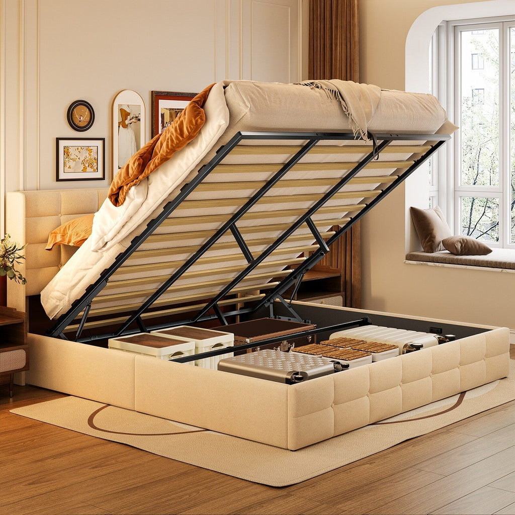 Cadre de lit relevable avec rangement, cadre de lit plateforme rembourré avec système de rangement hydraulique et tête de lit
