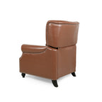 Fauteuil inclinable rembourré en cuir synthétique marron clair avec repose-pieds, dossier capitonné et détails cloutés