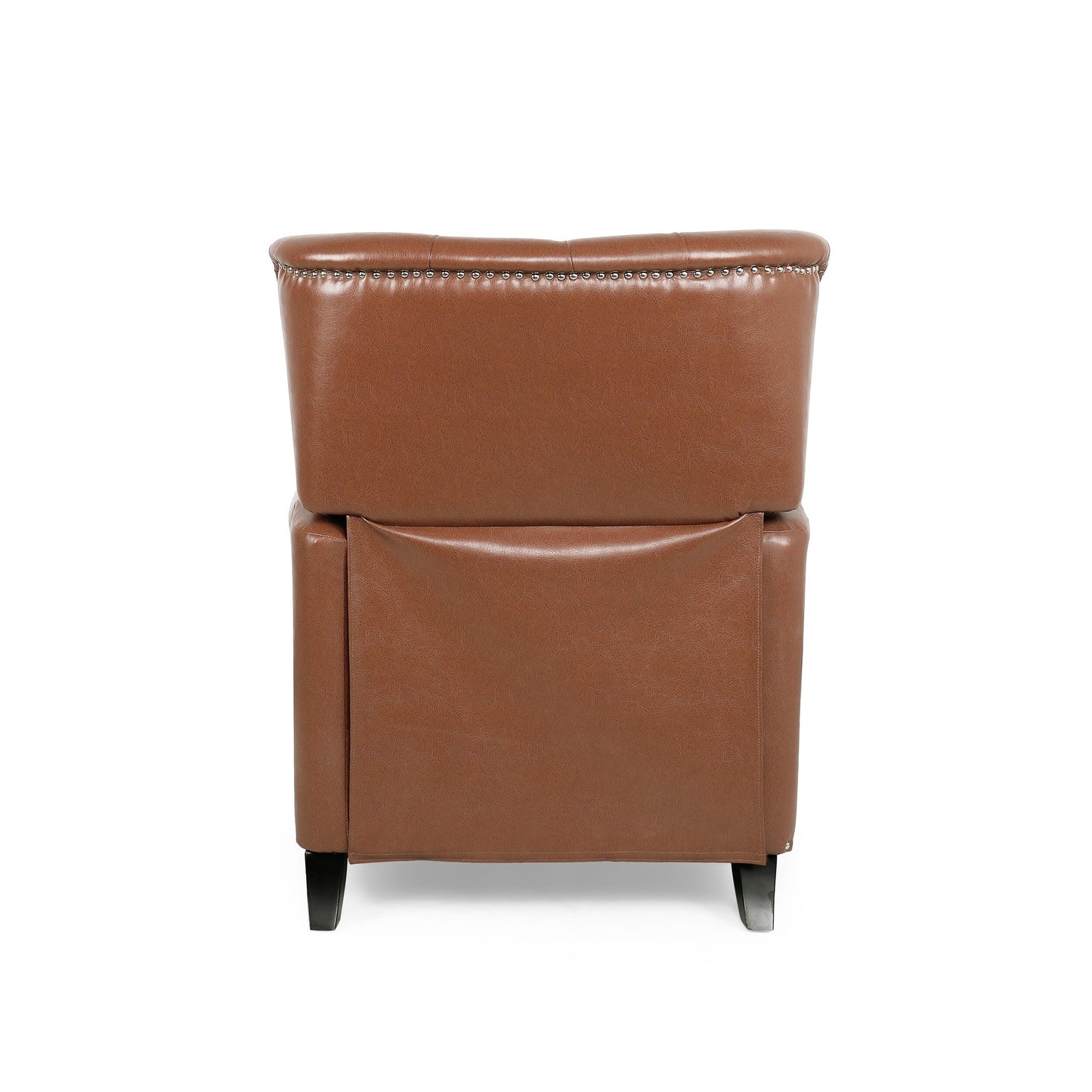 Fauteuil inclinable rembourré en cuir synthétique marron clair avec repose-pieds, dossier capitonné et détails cloutés