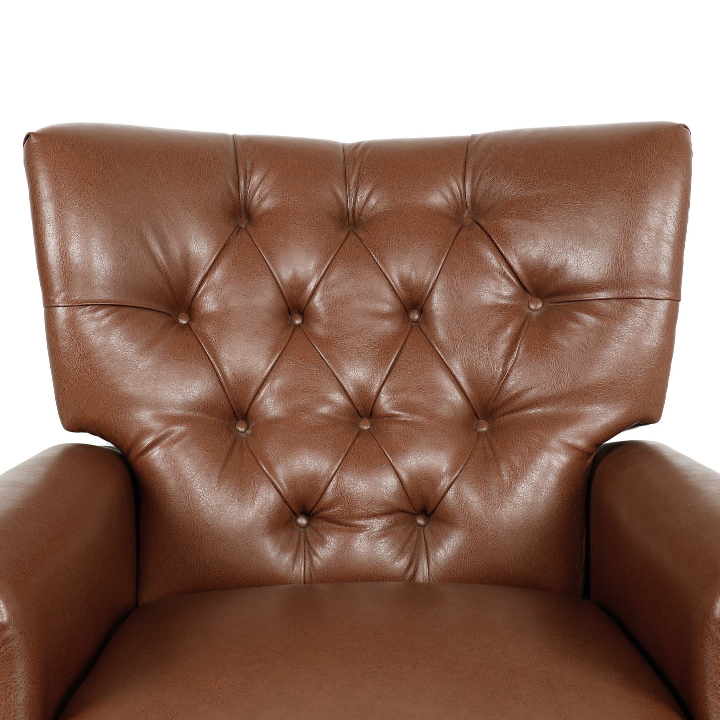 Fauteuil inclinable rembourré en cuir synthétique marron clair avec repose-pieds, dossier capitonné et détails cloutés